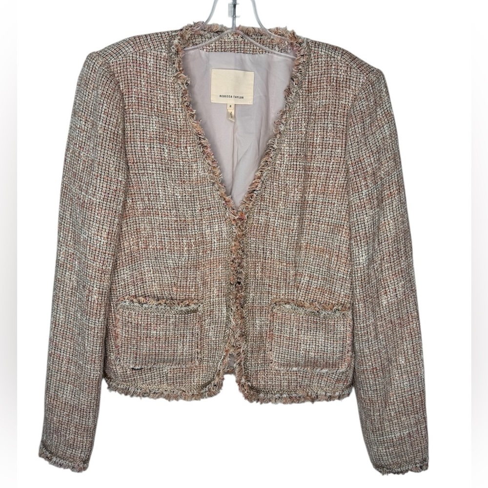 Rebecca Taylor Pink Beige Tweed Jacket Fringe Trim Size 8